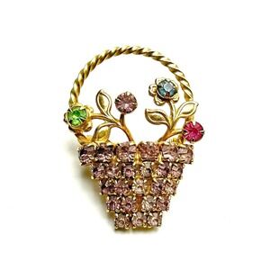 Vintage Pastel Rhinestone Flower Basket Brooch Gold Tone Prong Set Floral Pin